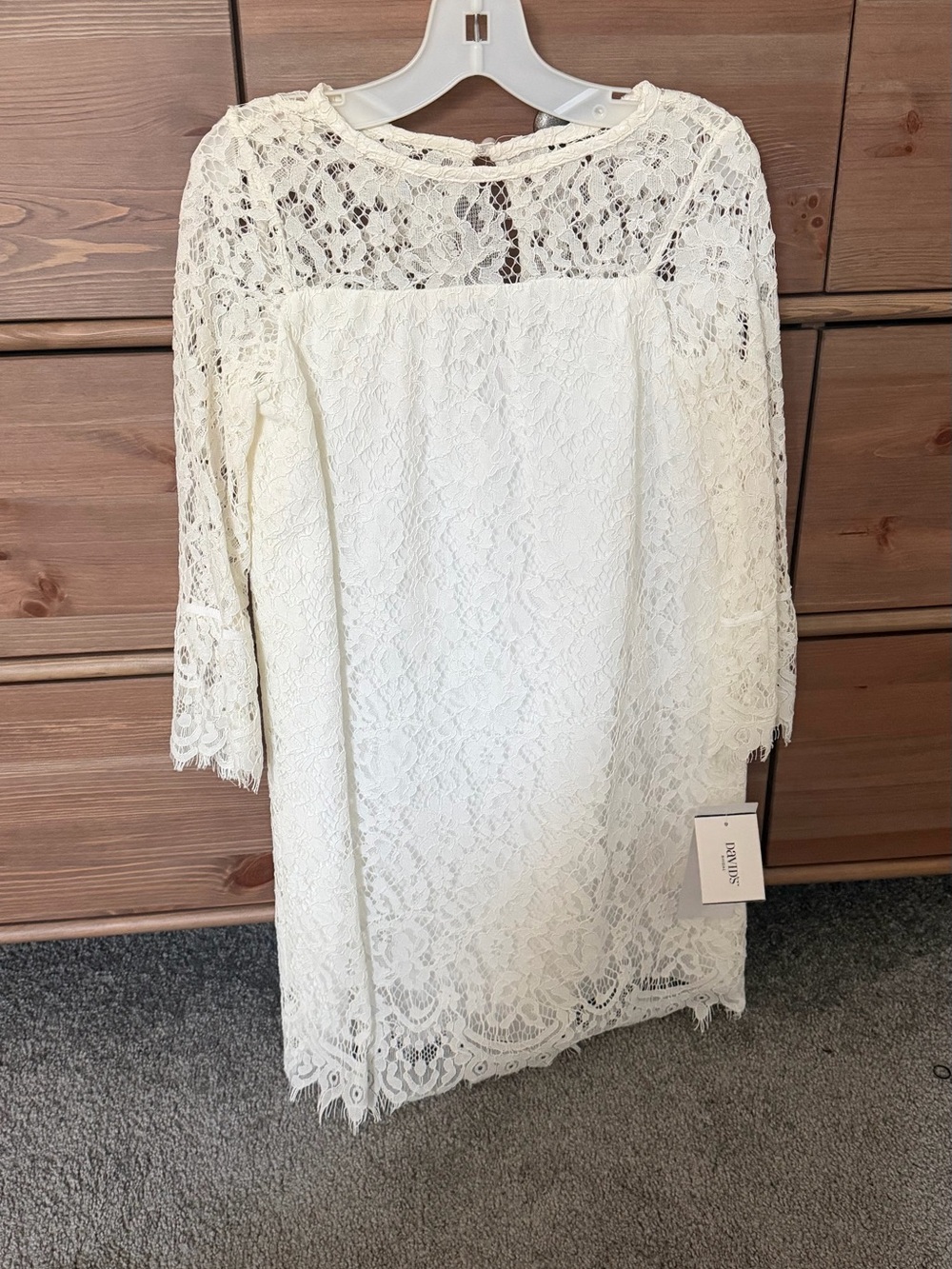 David's Bridal Cream Lace Long-Sleeve Shift Dress